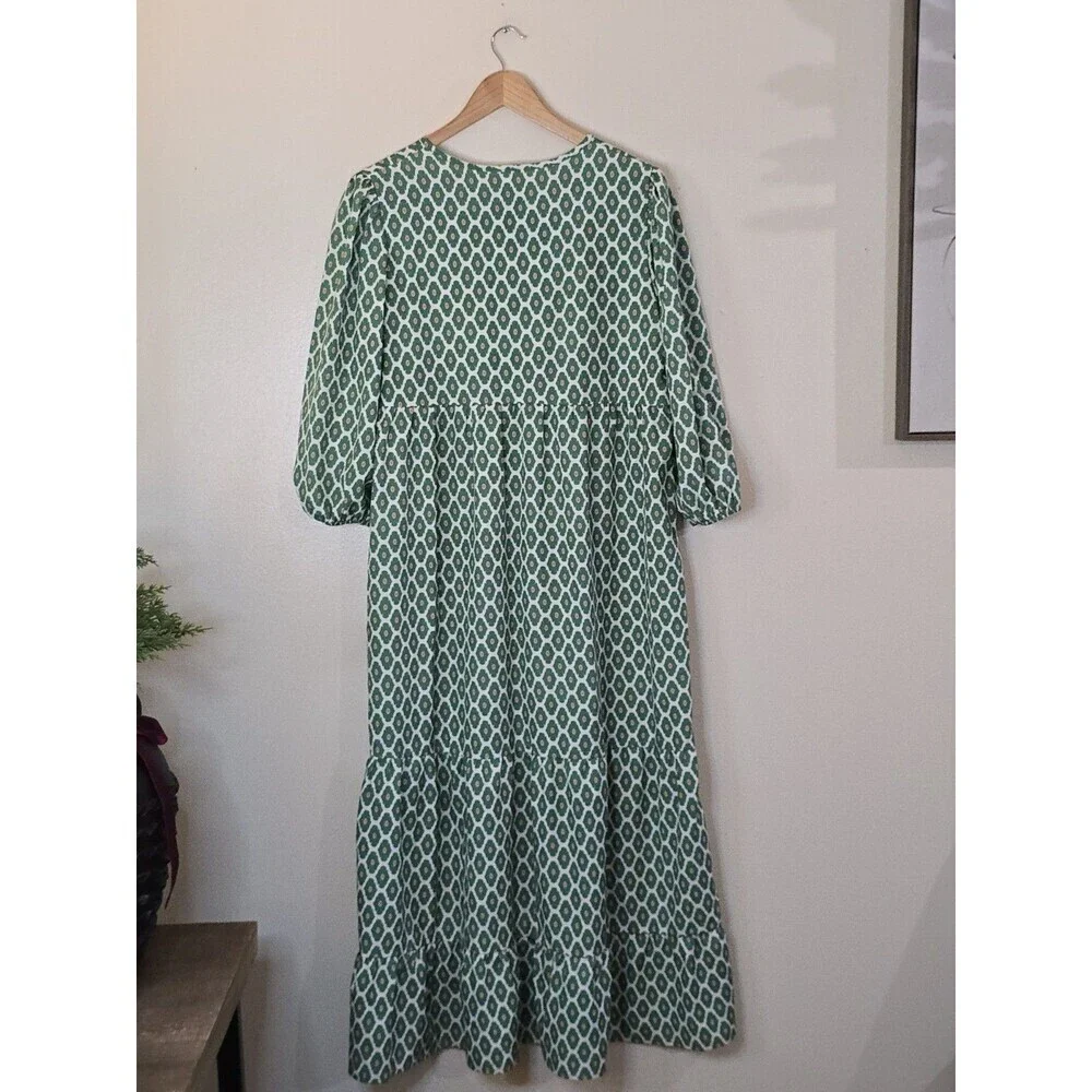 Silk & Salt Midi Dress Womens M Green Boho Tiered Peasant 3/4 Sleeve - Picture 8 of 14